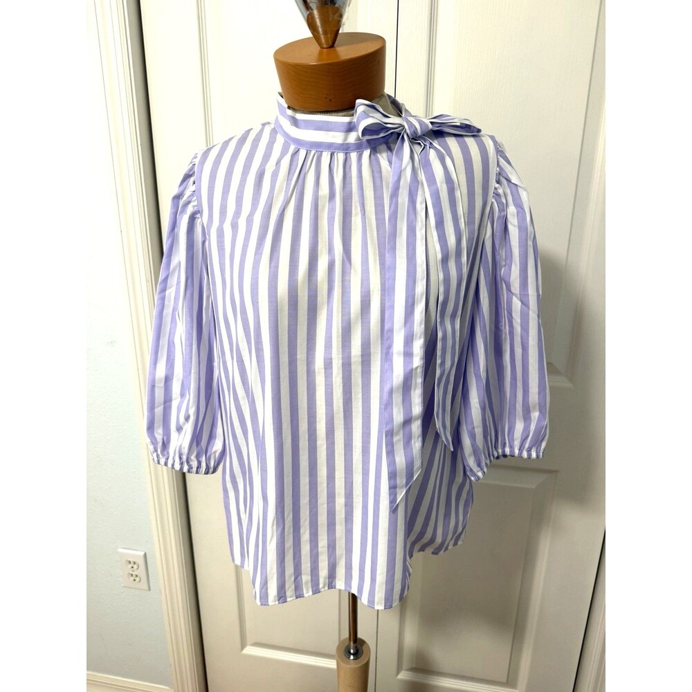 NWT Ann Taylor Sz M Striped Blouse Tie Neck Bow Work Office Top 3/4 Sleeves